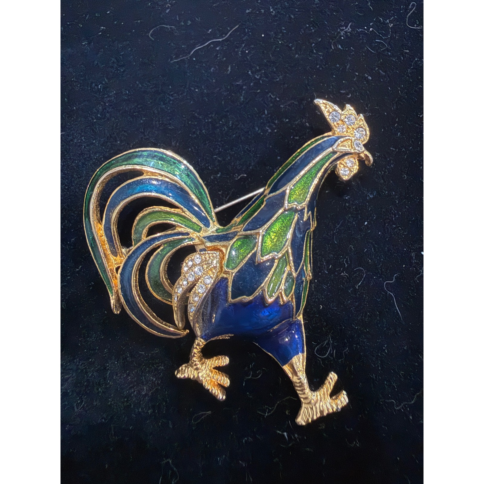 Vintage Style Rooster Brooch Gold Tone Blue Green Enamel Rhinestone Chicken Pin